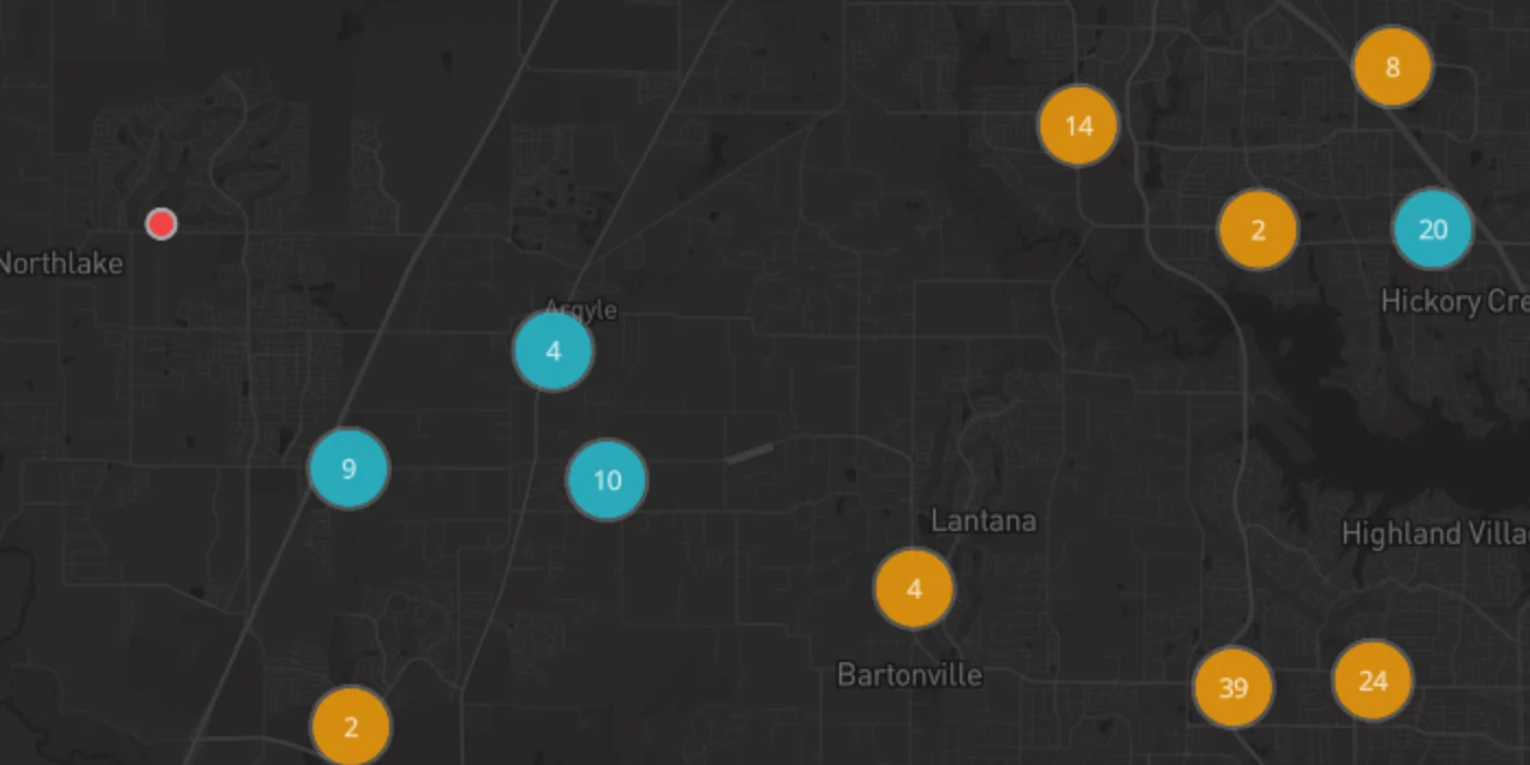 Provider clusters on the territory map northwest of Dallas, with counts on each cluster.