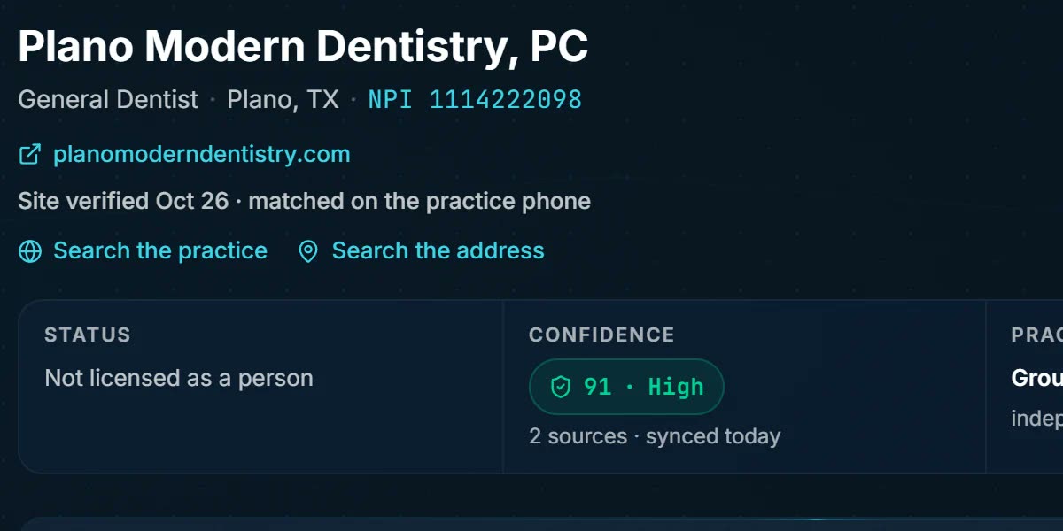 A practice record: the practice name, its website domain, the line that says when and how the fetch verified it, then the status and confidence tiles.