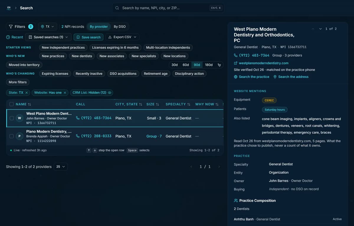 The search workbench: the result list on the left and the docked reading pane on the right, leading with the practice's verified website.