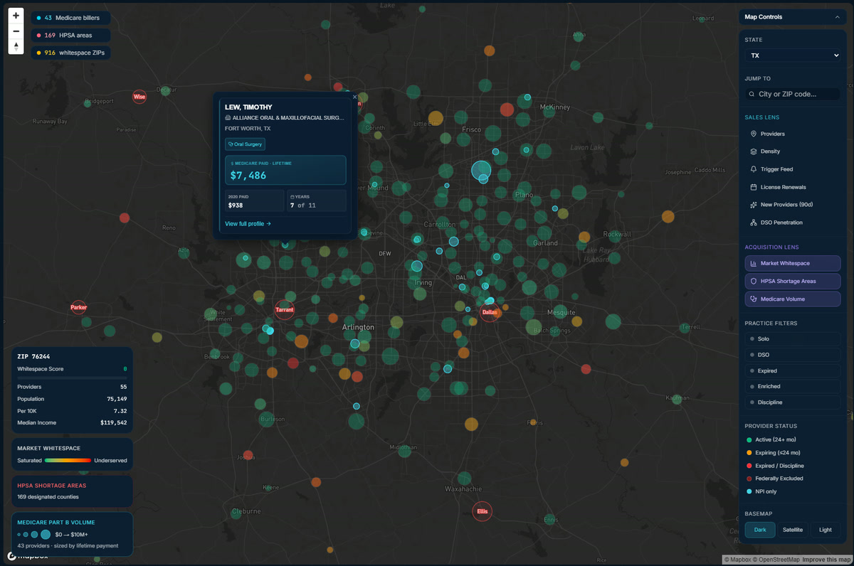 DFW territory map view with Medicare biller, HPSA, and whitespace overlays toggled on, a provider popup for an oral surgeon in Fort Worth, and a map controls panel showing Sales Lens and Acquisition Lens toggles.
